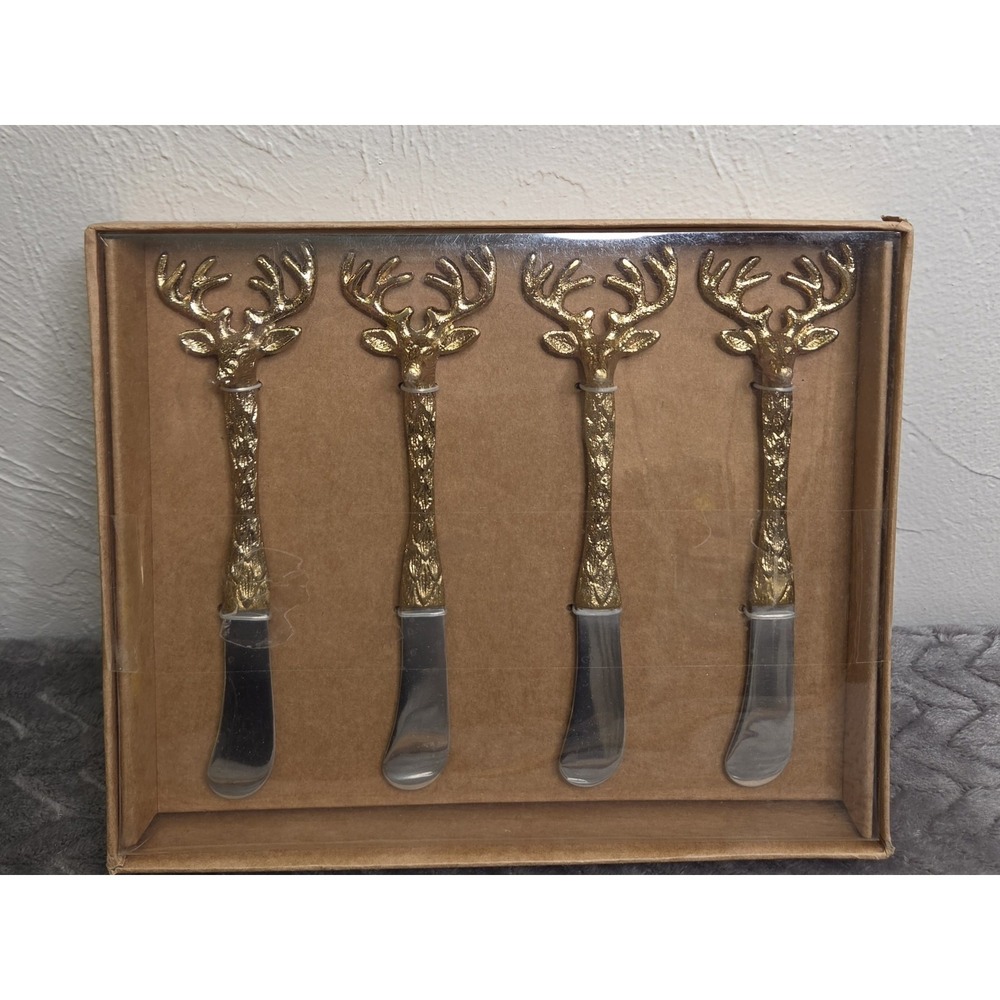 *NEW Pottery Barn Woodland Stag Butter Knives Set of 4 Gold Finish Holidays Deer